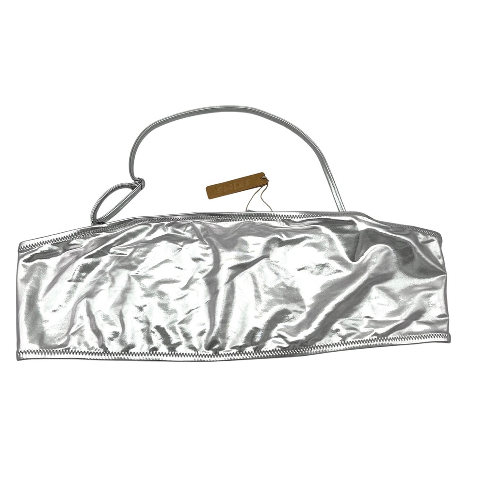SKIMS Metallic Swim Bandeau Top Silver Shiny Strapless Bikini 3X‎ Nickel